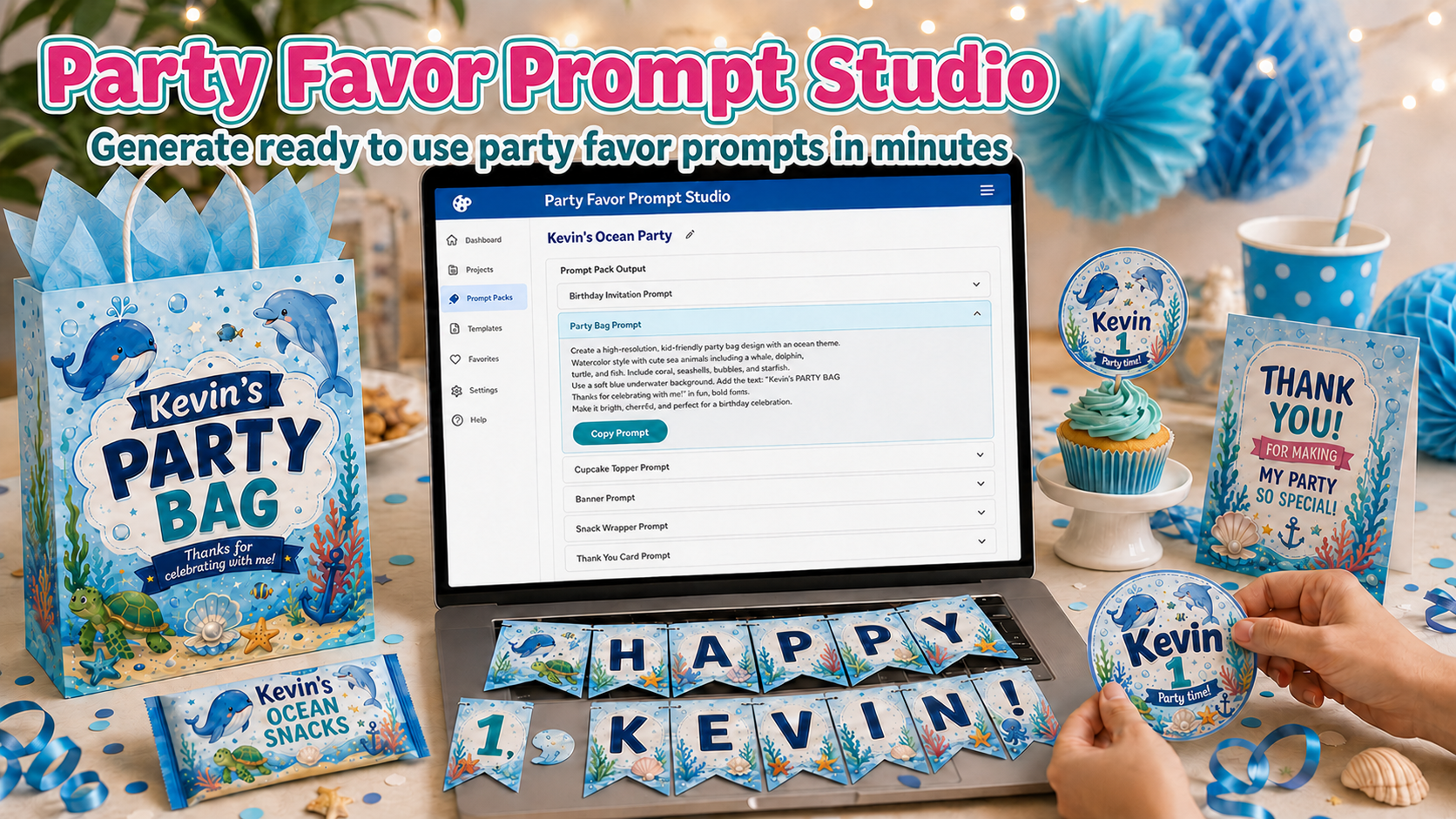 Kevin's ocean-themed party kit — dashboard with prompt pack output